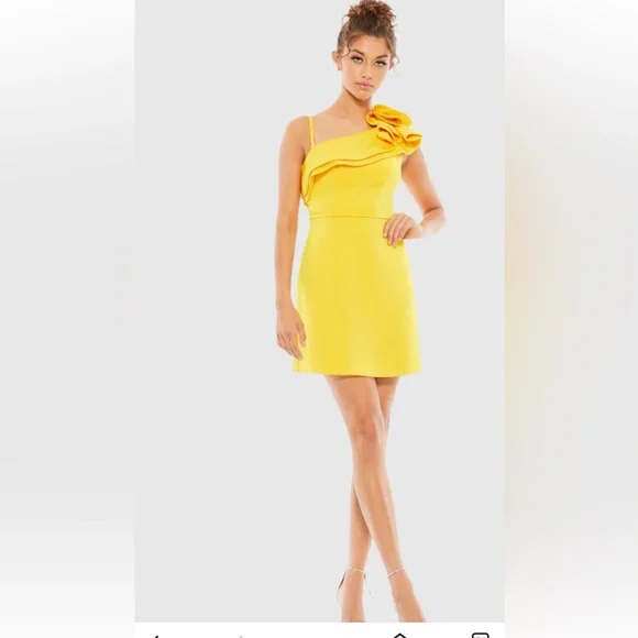 Mac Duggal Ine Shoulder Ruffle Dress in Lemon. Size 0. NWT. - Picture 1 of 7